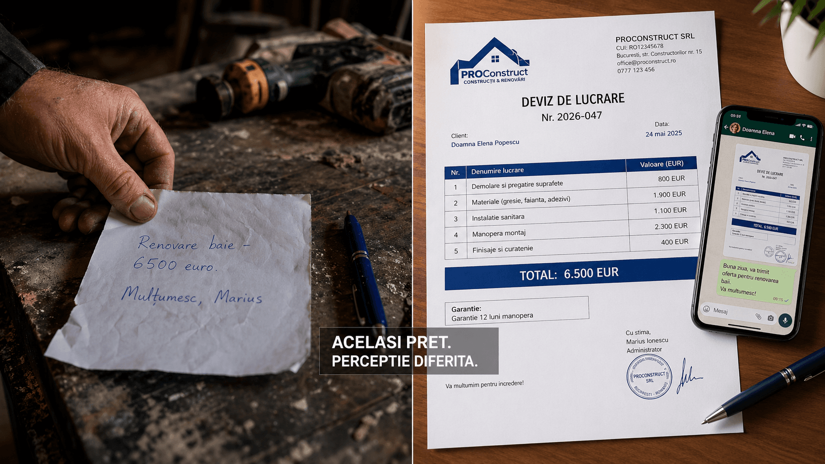 Hârtie mâzgălită cu 6.500 € lângă un PDF profesional cu logo, articole detaliate și total — același preț, percepție diferită